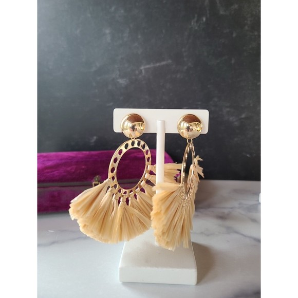 Straw Hoop Dangling Pierced Earrings - Picture 4 of 10